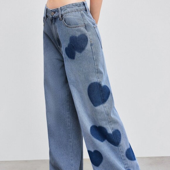 Mid Rise Heart Print Baggy Patterned Jeans Trousers - Picture 2 of 8